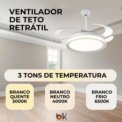 Ventilador De Teto Retratil Controle Remoto Led 3 Cores 60w Cor da estrutura Branco