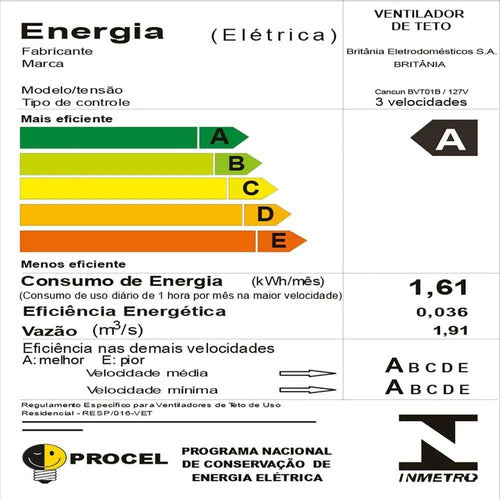 Ventilador de Teto Cancun Bvt01b 3 Pás C/ Luminária 127v Britânia