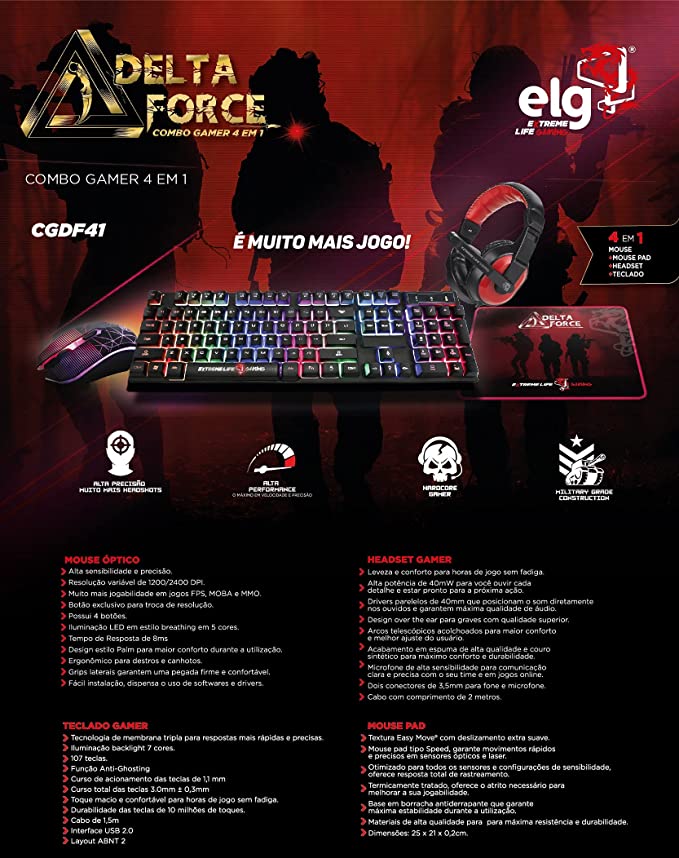 Combo Gamer Delta Mouse + Teclado + Headset + Mousepad Delta Force - CGDF41