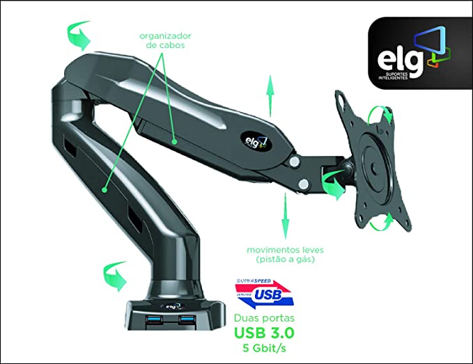 Suporte Articulado ELG com Pistão a Gás e 2 Cabos USB 3.0 - F90USB